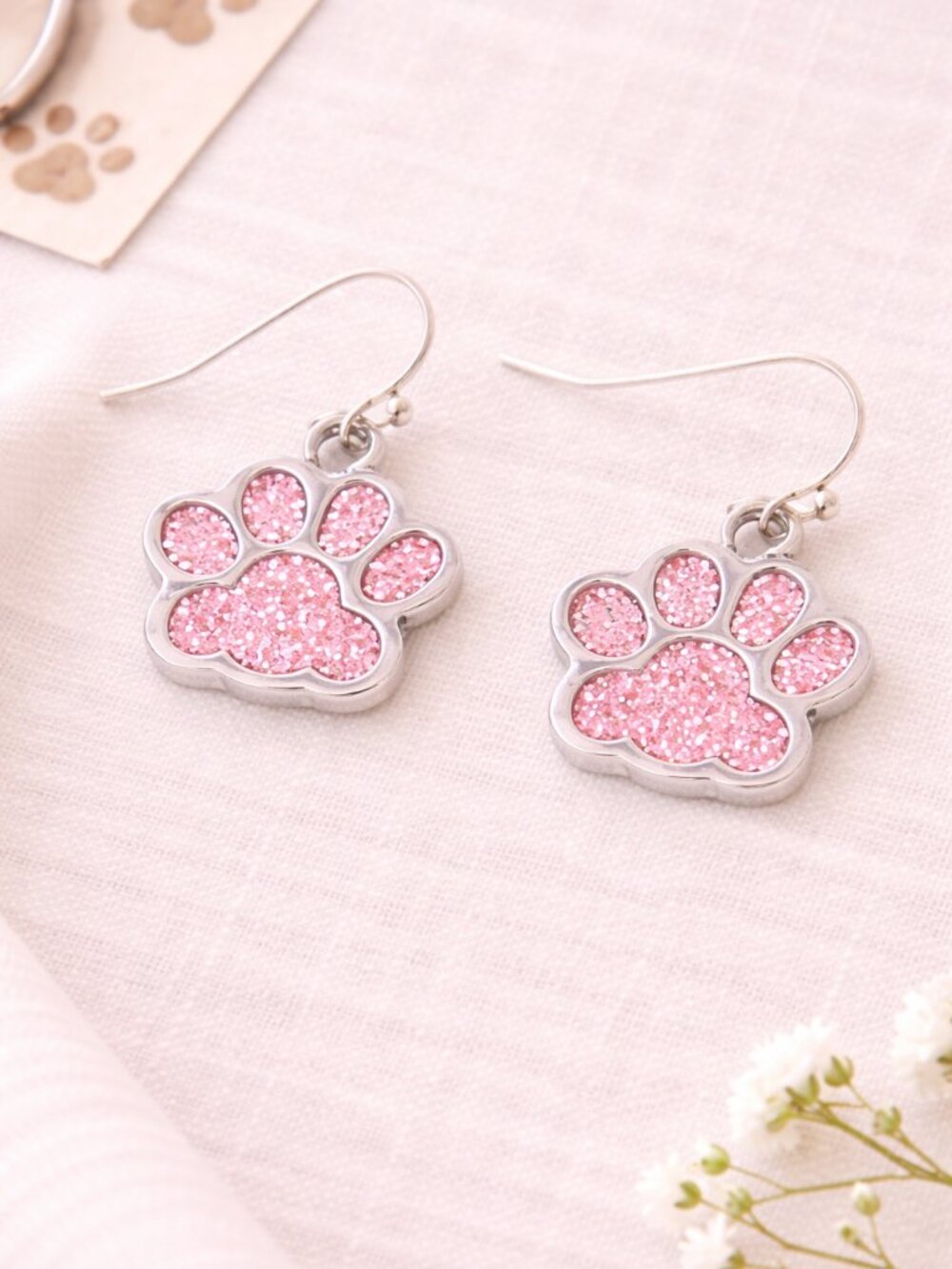 Pink Glitter Paw Print Dangle Earrings Pet Lover Jewelry
